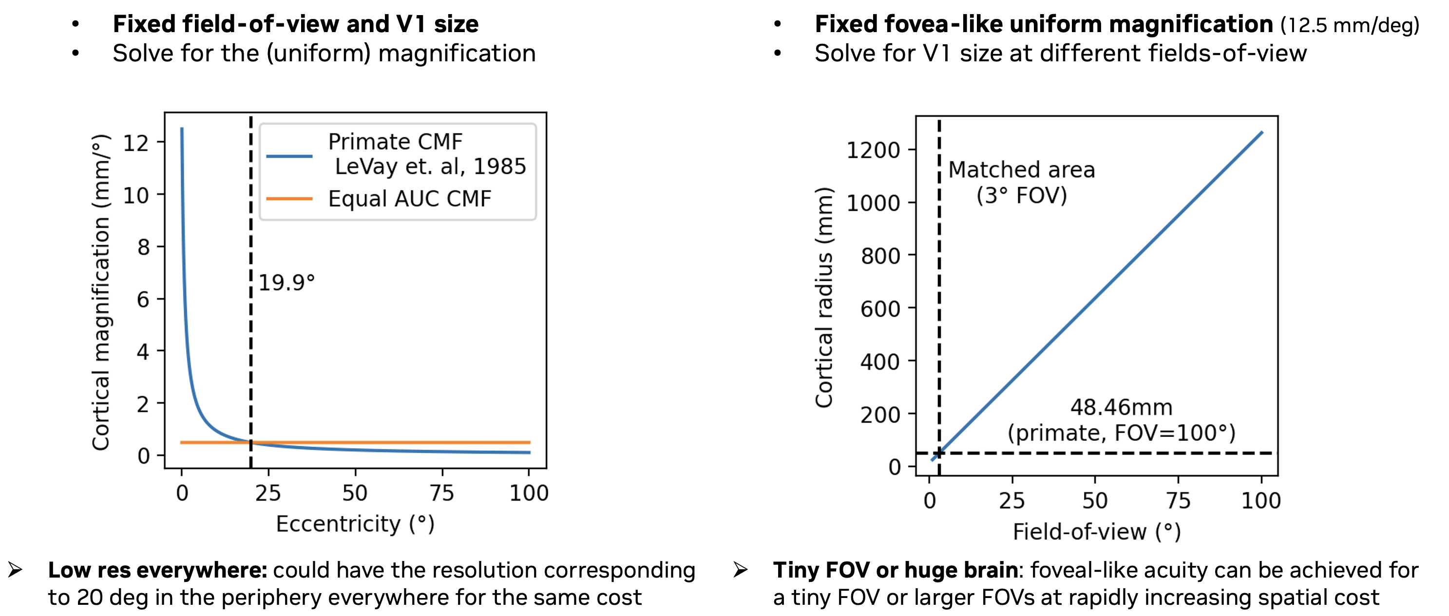 Plots illustrating uniform magnification trade-offs between field of view, V1 size, and visual resolution.